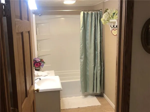 a bathroom with a shower and a sink