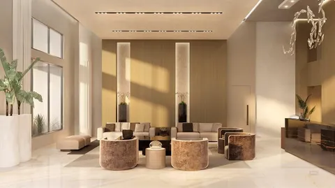 a living room with furniture and large windows