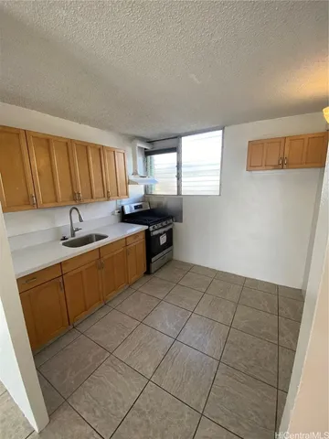 a kitchen with a sink a stove and cabinets