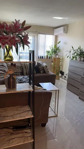 a living room with furniture flowerpot and wooden floor