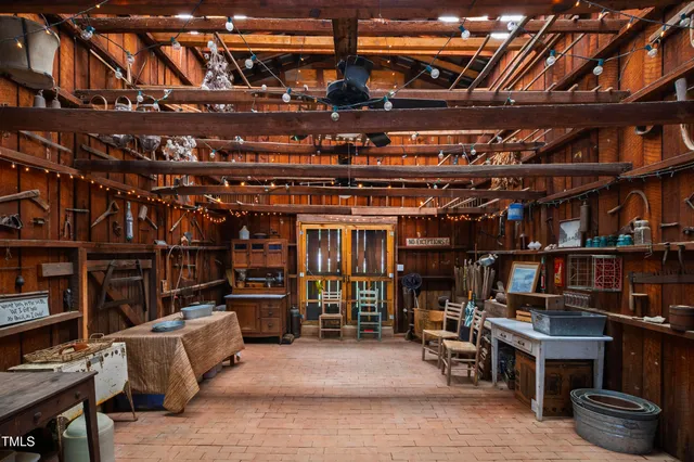 a view of a garden with plants and large trees