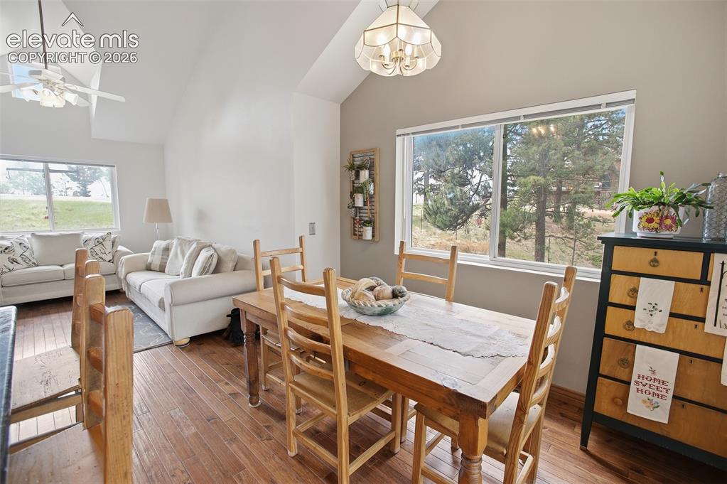 877 North Mountain Estates Road Florissant, CO 80816 - Photo 5 of 23 a view of a dining room with furniture a chandelier and wooden floor