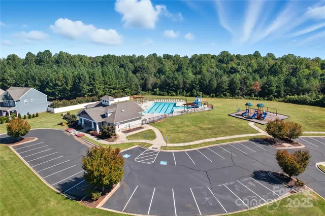 an aerial view of a swimming pool