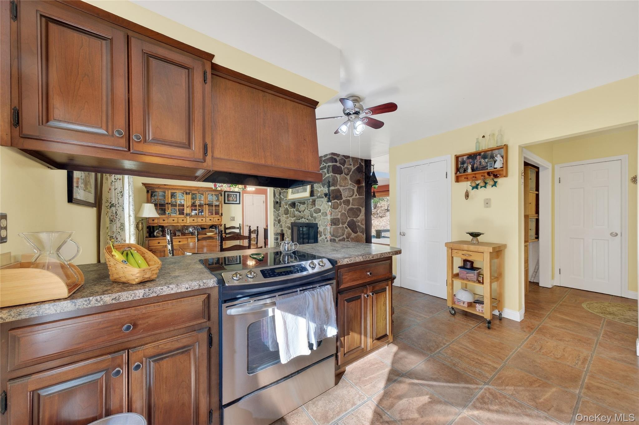 123 Fleury Road Pine Bush, NY 12566 - Photo 14 of 46 Kitchen featuring stainless steel range with electric stovetop, a ceiling fan, wood finish cabinets, and a peninsula