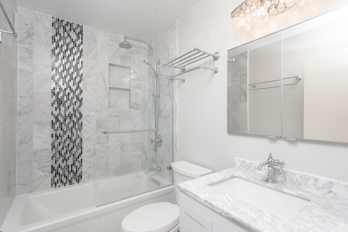 5455 North Sheridan Road, Unit 3307 Chicago, IL 60640 - Photo 19 of 21 a bathroom with a granite countertop sink toilet and shower
