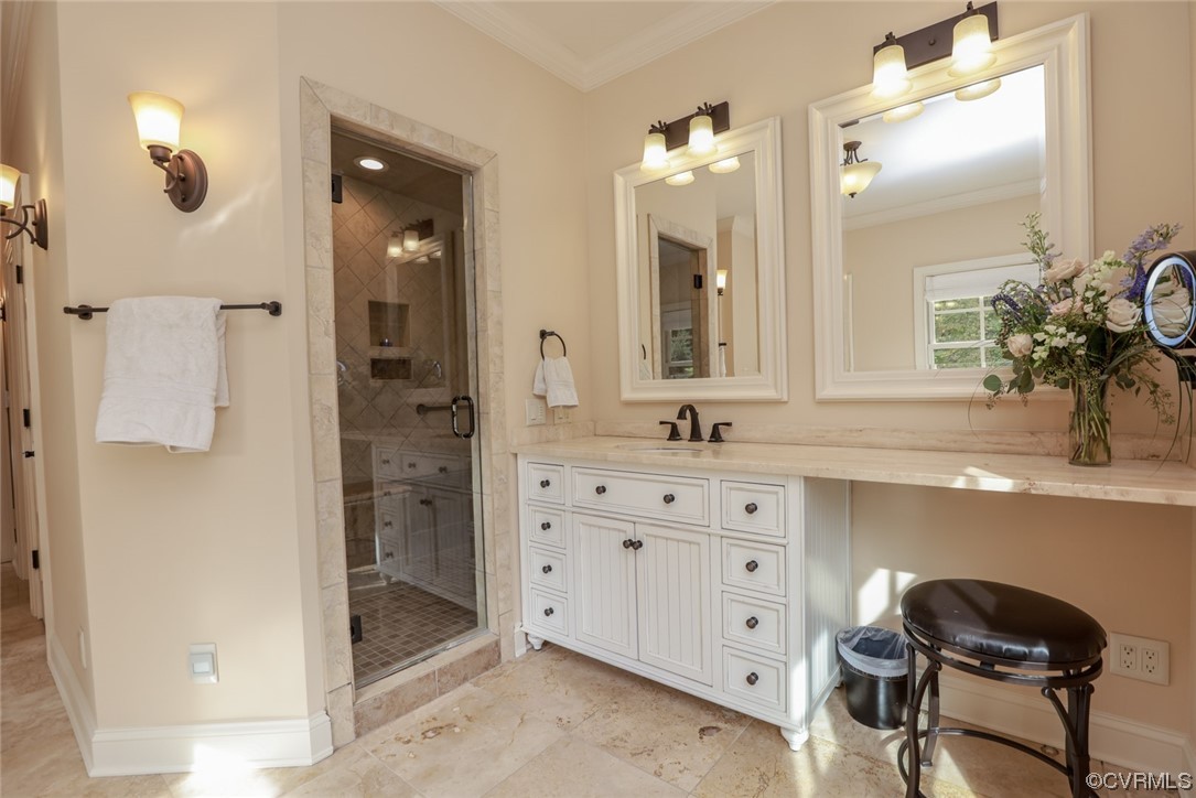 14440 Yankeetown Road Ashland, VA 23005 - Photo 33 of 50 a bathroom with a double vanity sink a mirror and a shower