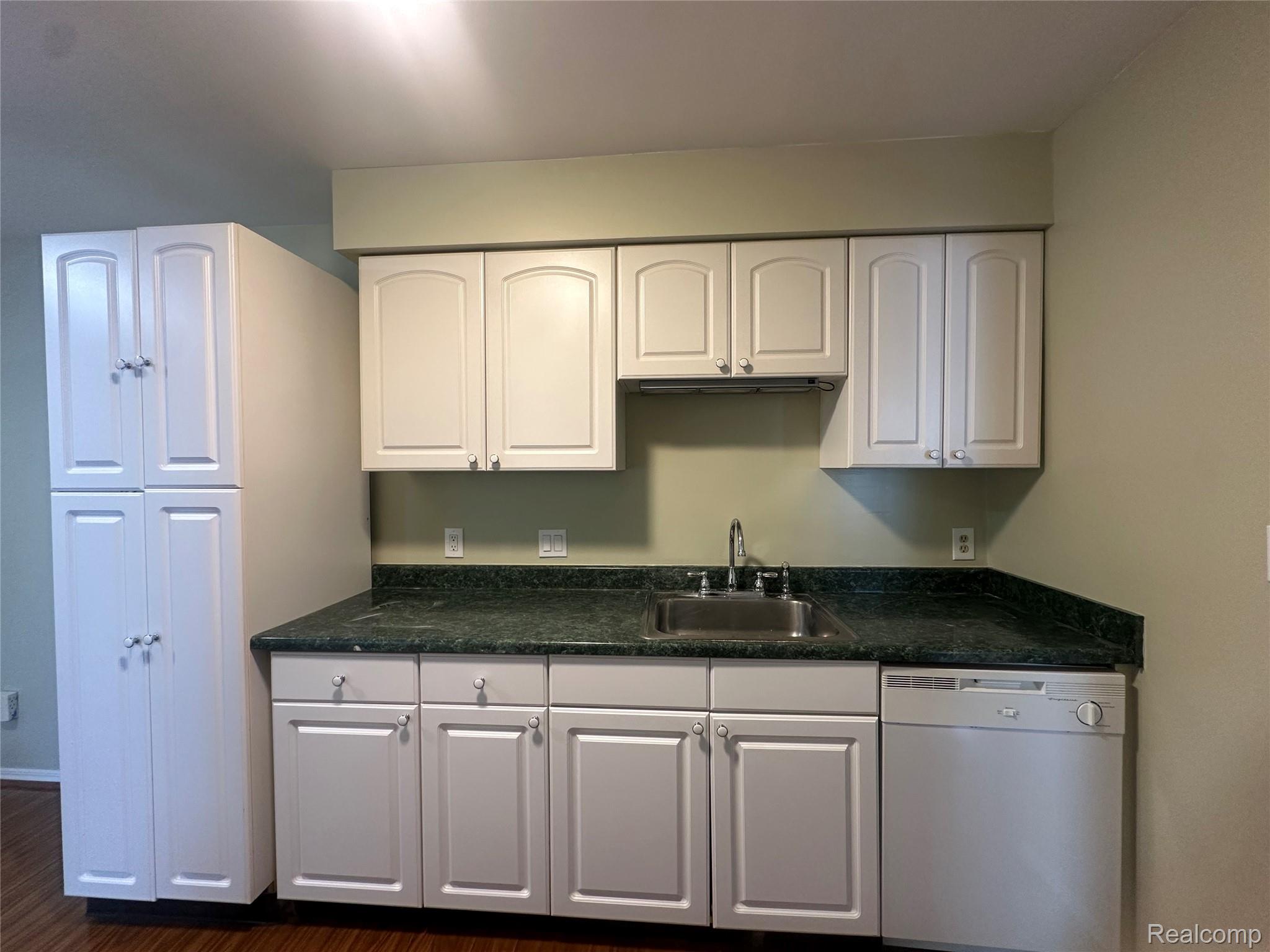 509 East University Drive Rochester, MI 48307 - Photo 7 of 20 Kitchen featuring white cabinetry, white dishwasher, and dark wood-type flooring