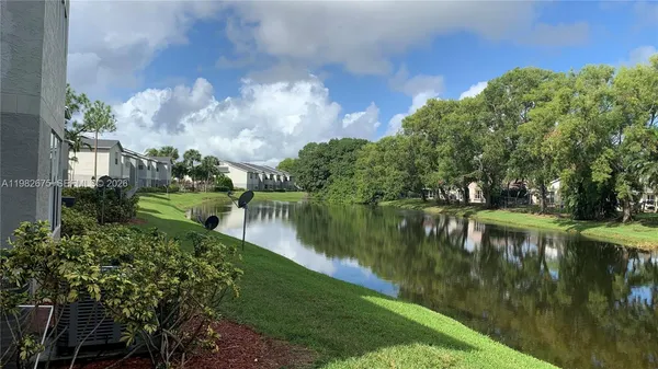 a view of a lake with a yard and a large tree