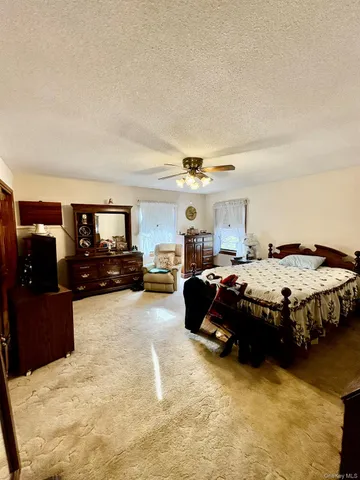 a spacious bedroom with a bed and dresser