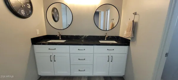 a bathroom with a sink and a mirror