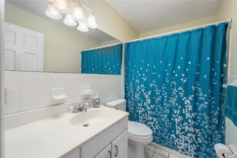 a bathroom with a sink a toilet and a mirror