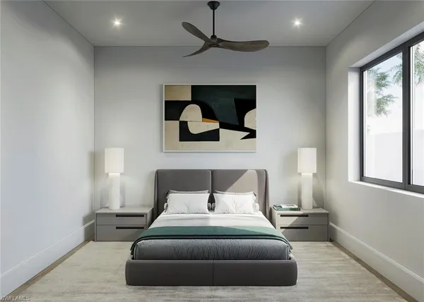 a bedroom with a bed lamp closet and window
