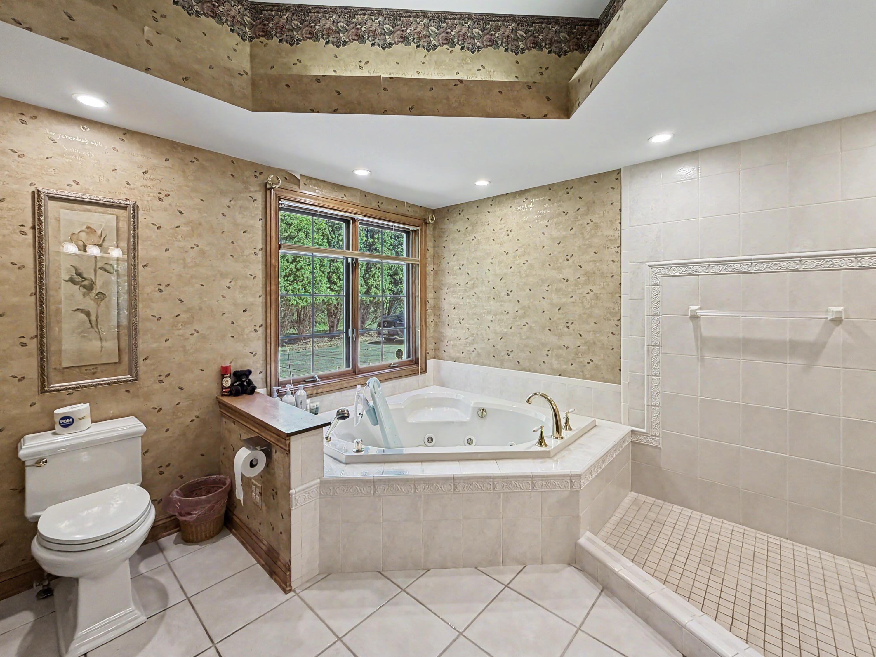 W291-s5245 Ridgefield Road Waukesha, WI 53189 - Photo 22 of 44 The expansive primary suite offers a stunning tray ceiling, serene wooded views, and generous space for furnishings and relaxation. The luxurious ensuite bath features a whirlpool soaking tub, oversized walk-in shower, dual-sink vanity, and spacious walk-in closet, creating a true private retreat.
