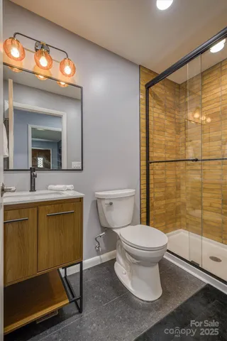 a bathroom with a sink mirror vanity and toilet