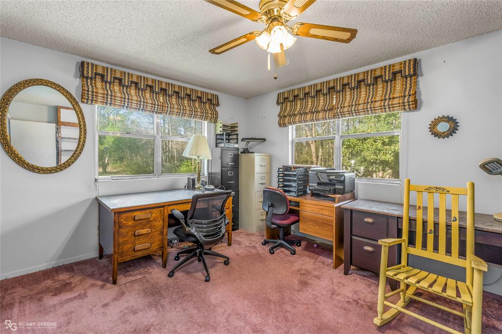 251 Tom Murphy Road Jamestown, LA 71045 - Photo 33 of 40 Office area featuring light carpet, a textured ceiling, healthy amount of natural light, and ceiling fan