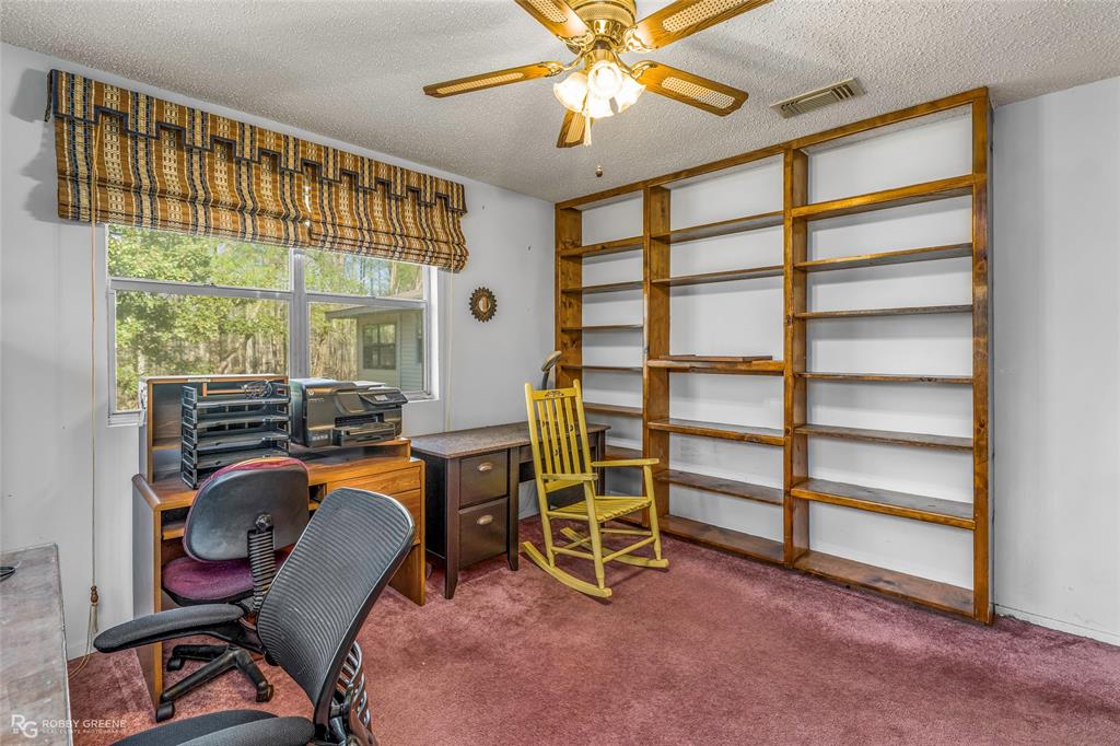 251 Tom Murphy Road Jamestown, LA 71045 - Photo 34 of 40 Office with dark carpet, a textured ceiling, and ceiling fan