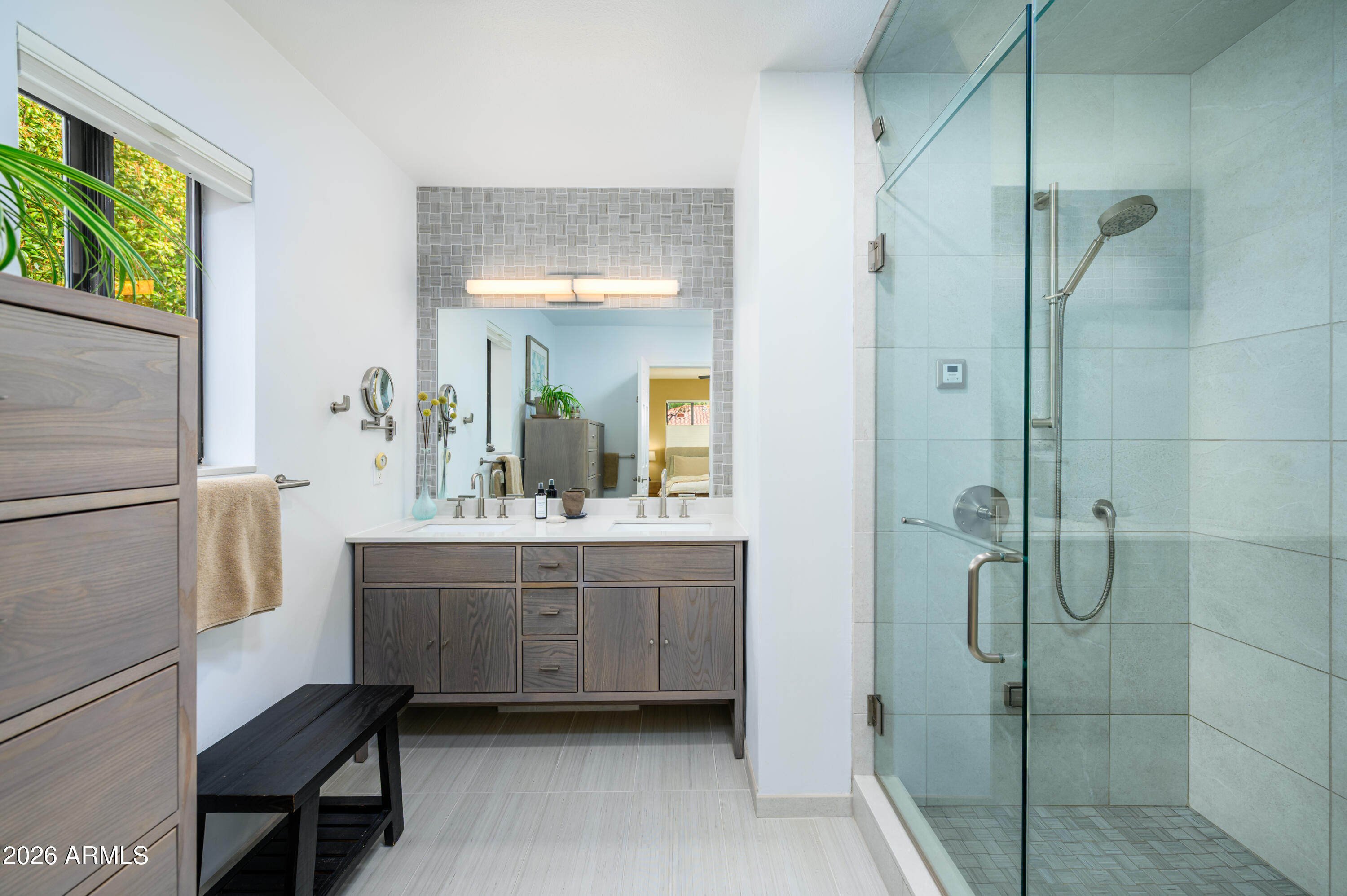 190 Creek Rock Road Sedona, AZ 86351 - Photo 19 of 41 a bathroom with a granite countertop sink a mirror and shower