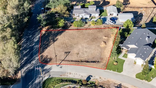 an aerial view of a house with a yard and large tree