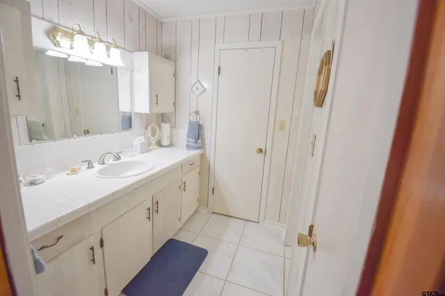 a bathroom with a sink a mirror and a shower