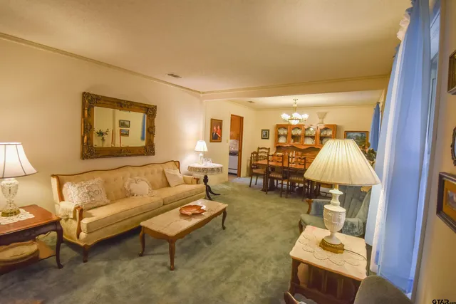 a living room with furniture and a lamp