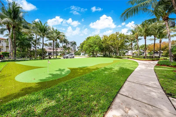 a view of a park with palm trees