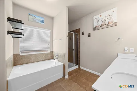a bathroom with a bathtub and a shower