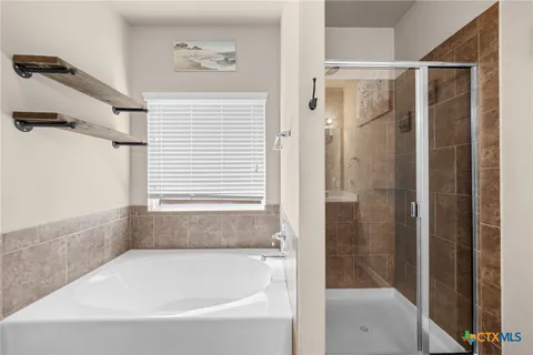 a bathroom with a bathtub and shower