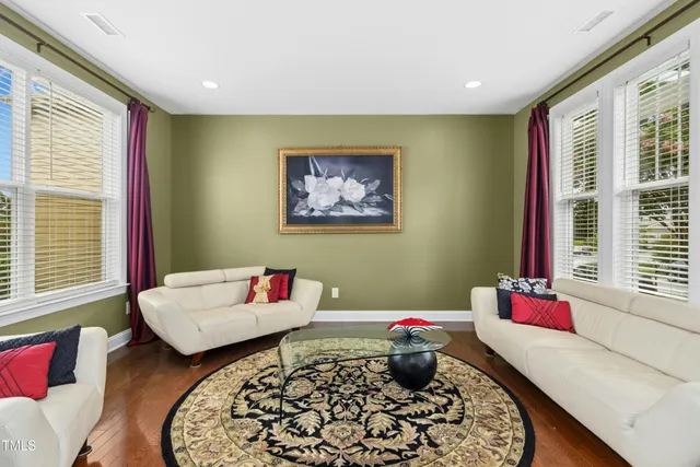 a living room with furniture rug and wooden floor