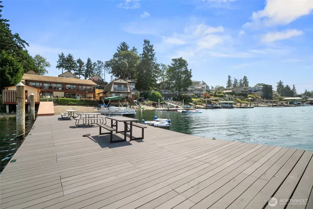 a view of a lake with a building in the background