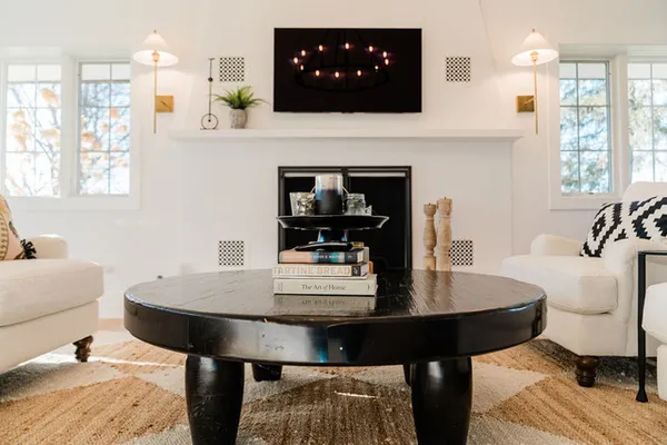a view of a dining room with furniture