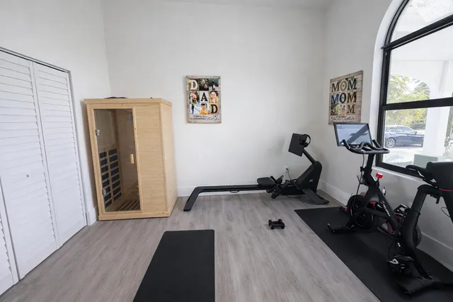 a view of a room with gym equipment
