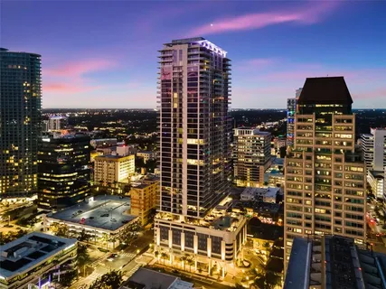 a city view with tall buildings