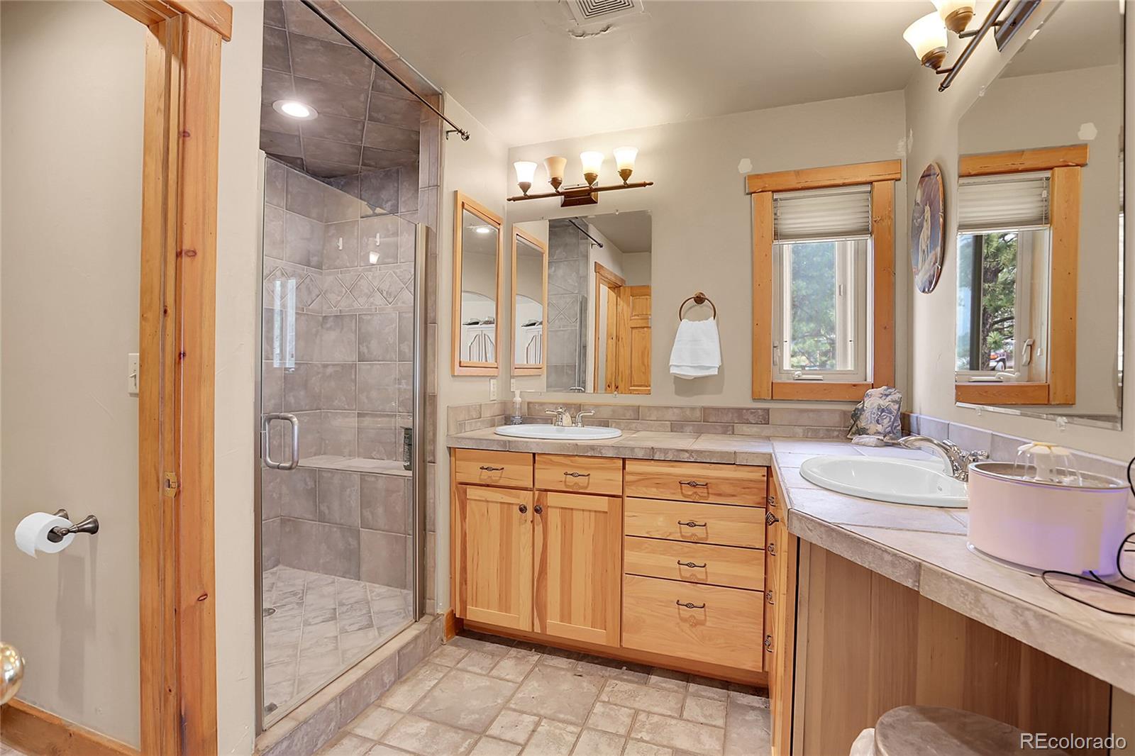 2063 Roland Drive Bailey, CO 80421 - Photo 24 of 49 a bathroom with a granite countertop sink mirror and a shower