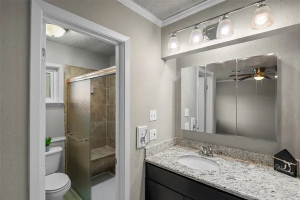 a bathroom with a granite countertop sink toilet and shower