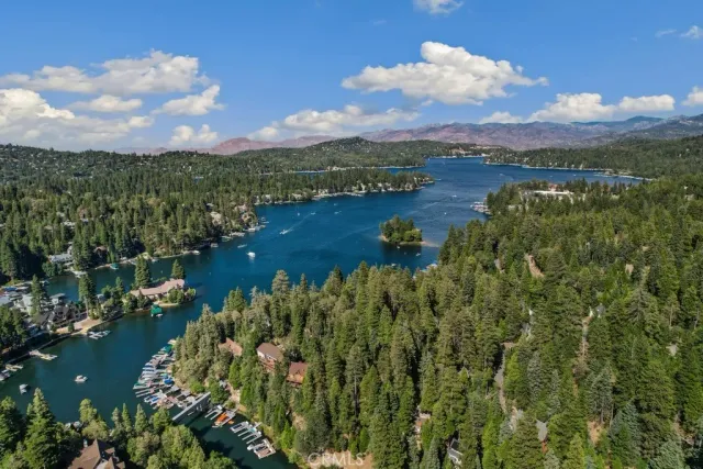 a view of a lake with houses in the background