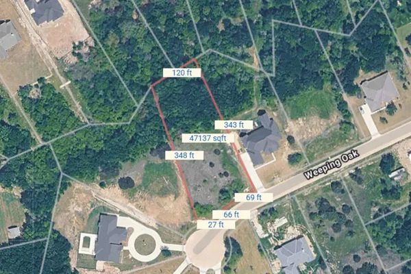 an aerial view of a house with a yard and large trees