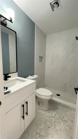 a bathroom with a sink a toilet and mirror