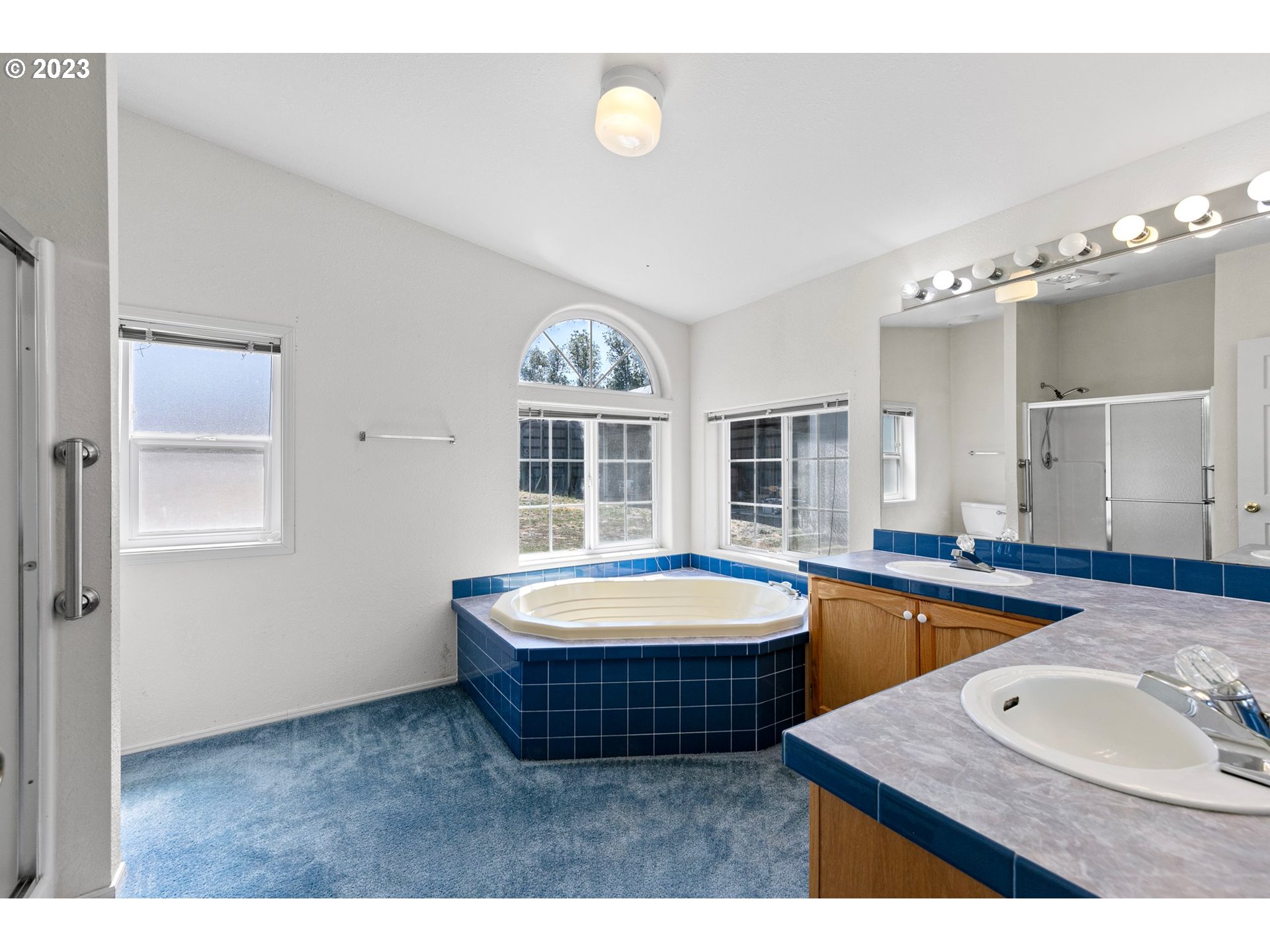 35796 Enterprise Road Creswell, OR 97426 - Photo 28 of 44 a spacious bathroom with a tub double sink and a mirror