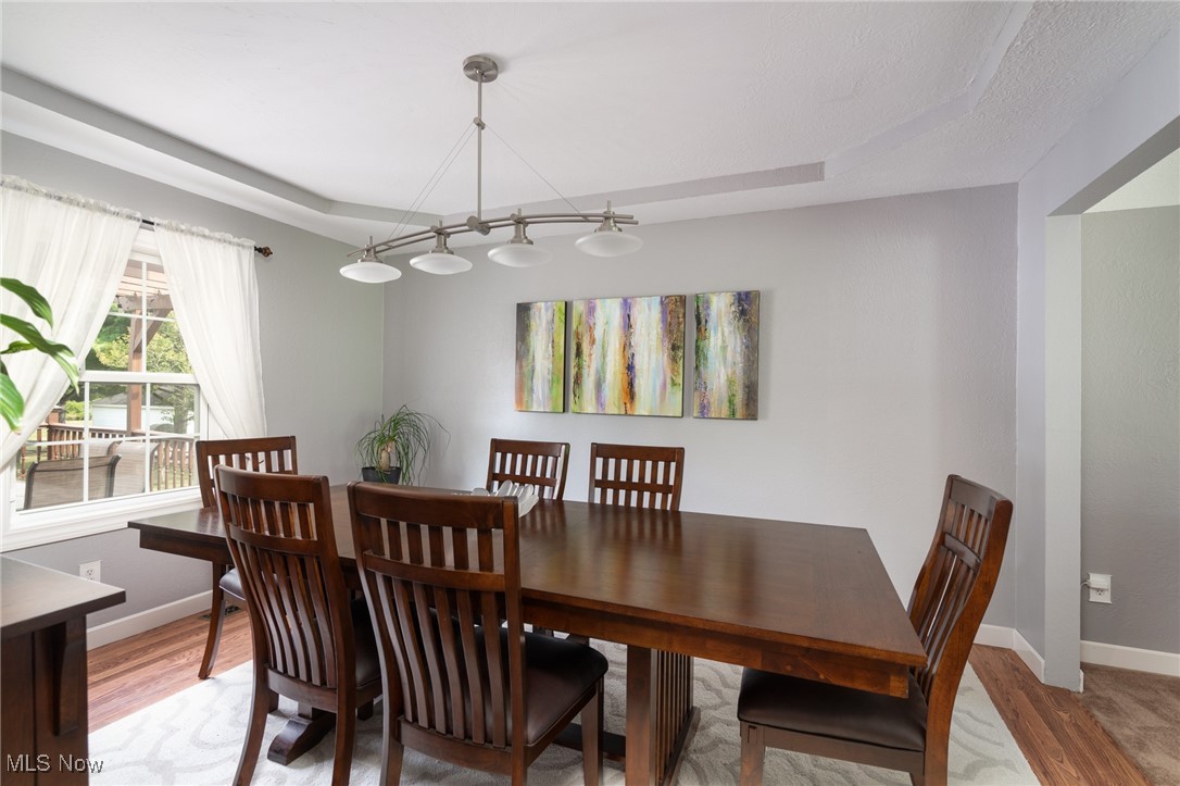 12345 Darrow Road Vermilion, OH 44089 - Photo 13 of 50 Dining space featuring hardwood / wood-style flooring, a raised ceiling, and a notable chandelier