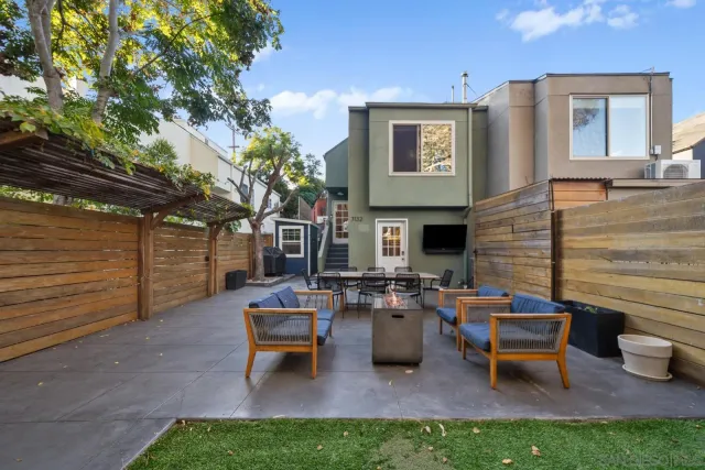 a backyard of a house with outdoor seating