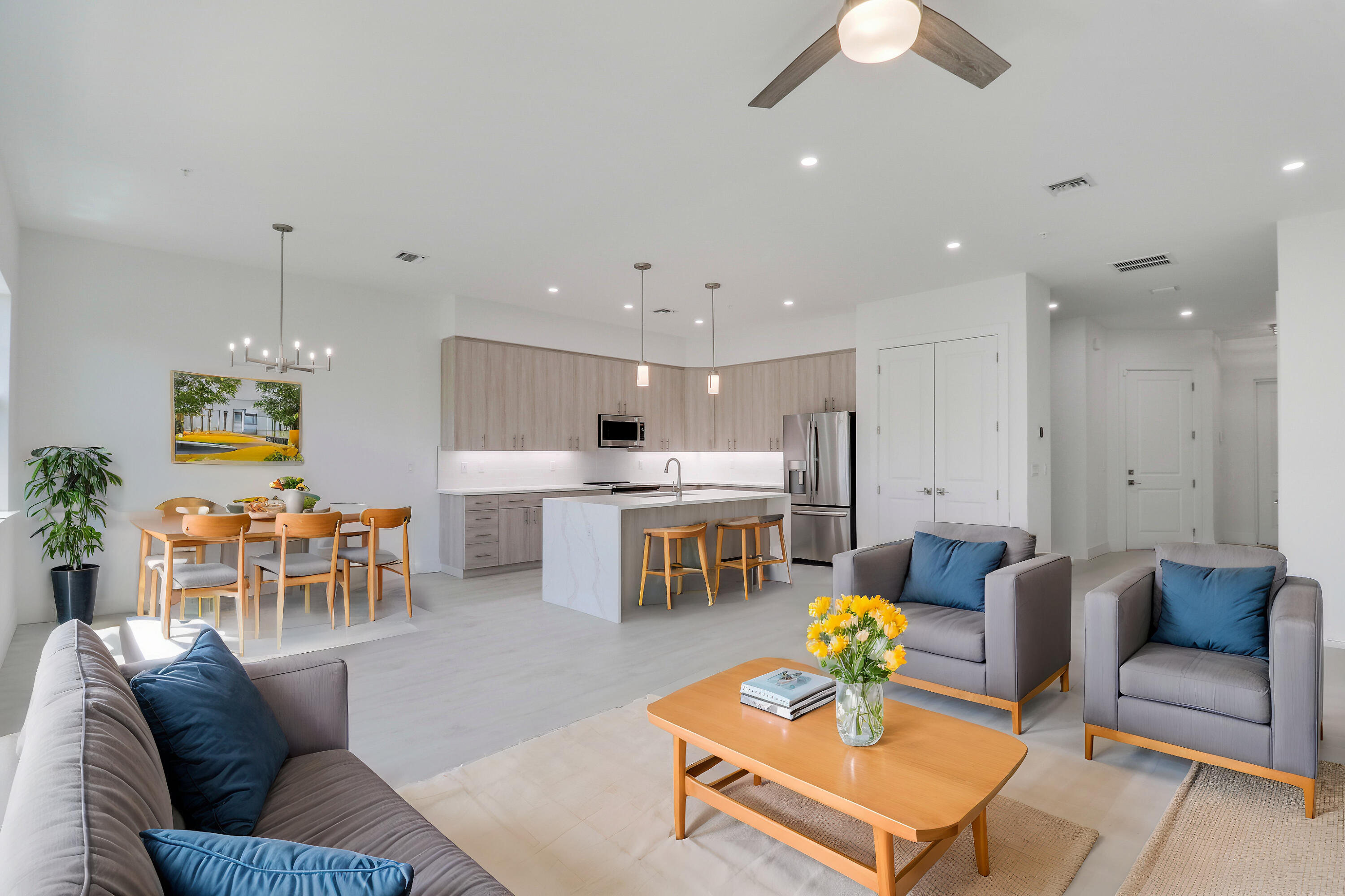 120 Water Pointe Place, Unit 3 Jupiter, FL 33477 - Photo 28 of 36 a living room with furniture kitchen view and a chandelier