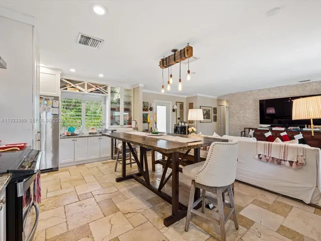 a view of a dining room with furniture and a livingroom