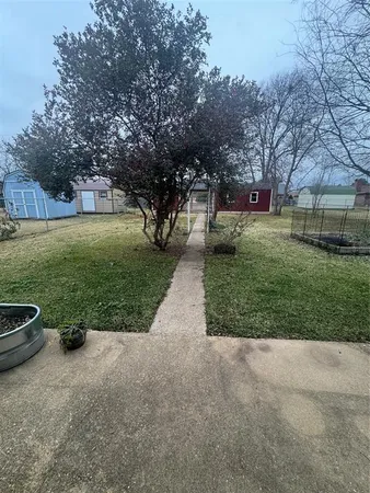 a view of a backyard with large trees