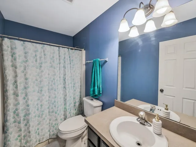a bathroom with a sink a toilet and shower curtain