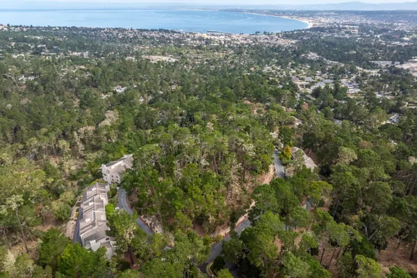 an aerial view of residential houses with outdoor space and trees
