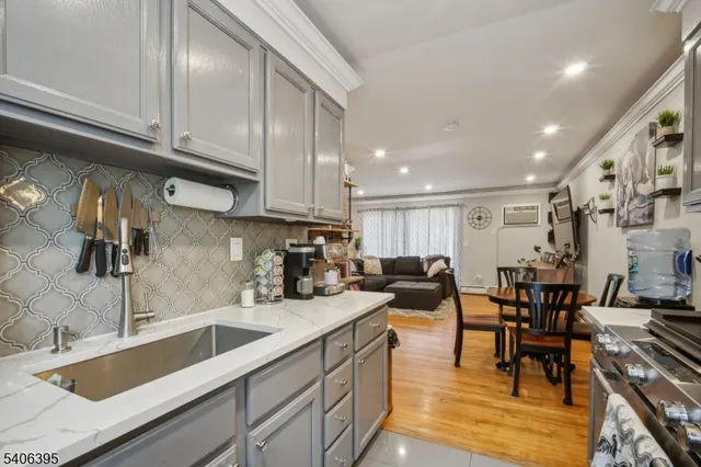 a kitchen with lots of counter top space and a dining table