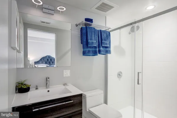 a bathroom with a shower a sink and a mirror