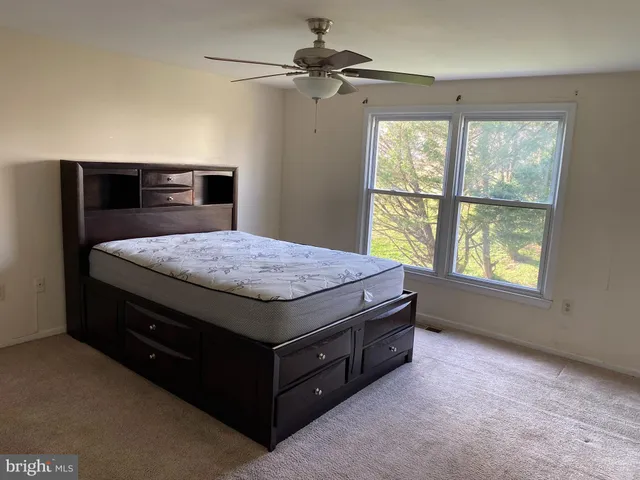 a room with a bed and a chandelier