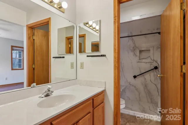 a bathroom with a granite countertop shower sink and mirror