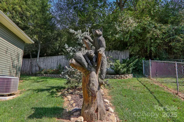 a view of a backyard with plants and large trees